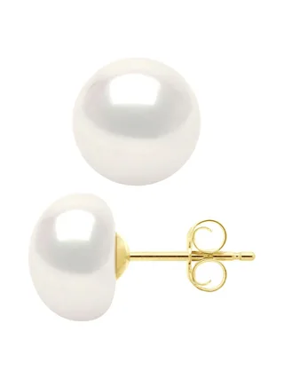 Boucles d'Oreilles Véritables Perles d'Eau Douce Bouton 9-10 mm — Or Jaune 375 Millièmes 1