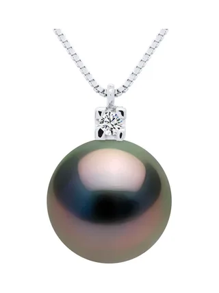 Collier Véritable Perle de Tahiti Ronde 9-10 mm Diamants 0.02 ct — Or Blanc 375 Millièmes — 42 cm 1