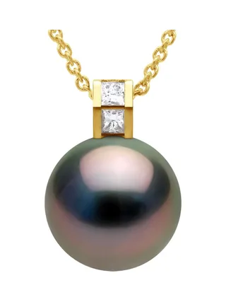 Pendentif Véritable Perle de Tahiti Ronde 11-12 mm Diamant 0.04 ct — Or Jaune 375 Millièmes 1