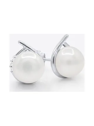 Boucles d'Oreilles Véritables Perles d'Eau Douce 7-8 mm Diamants 0.06 ct — Or Blanc 375 Millièmes 1