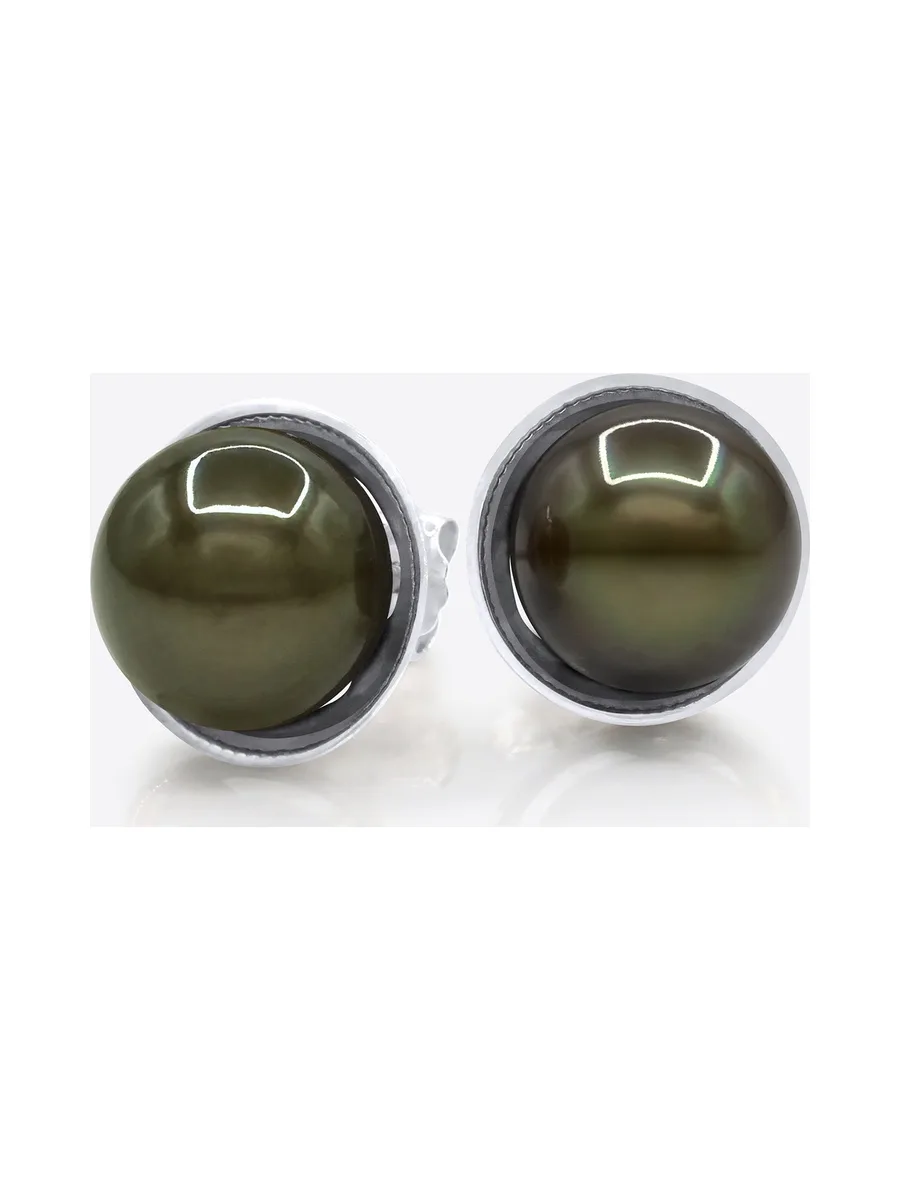 Boucles d'Oreilles Véritables Perles de Tahiti Rondes 9-10 mm — Or Blanc 375 Millièmes 1