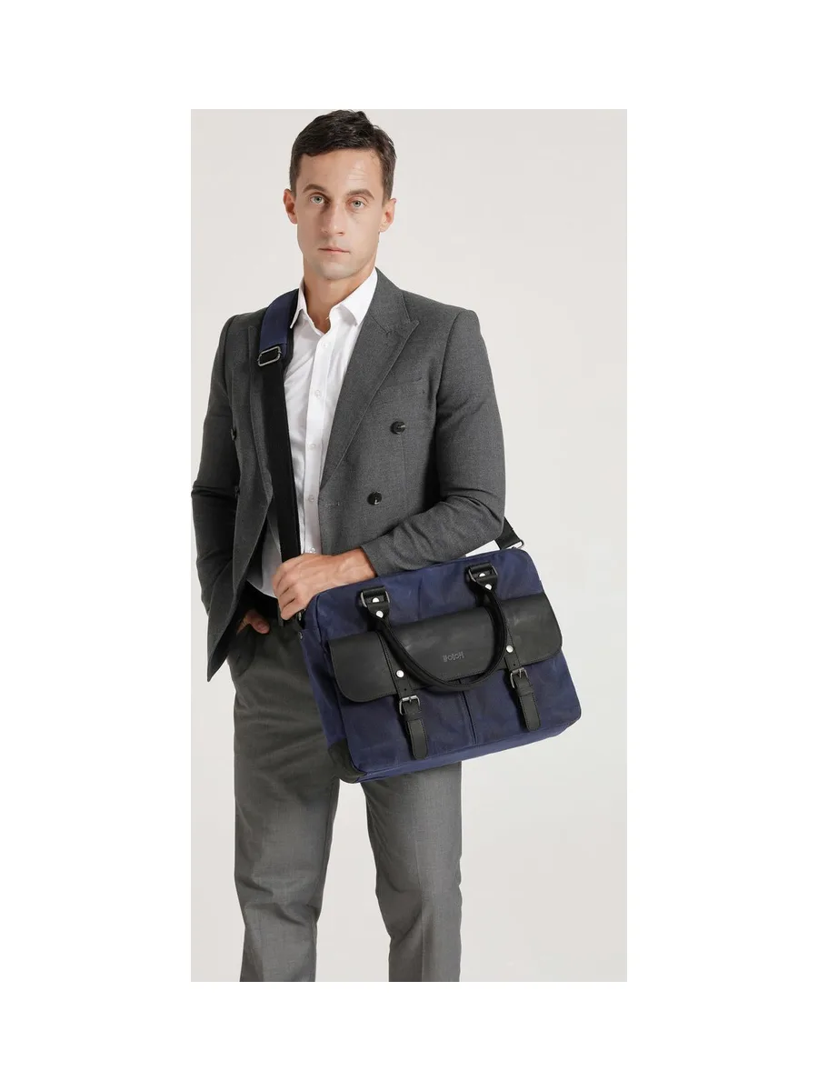 MICK - Sacoche en cuir véritable et toile enduite - Bleu 37