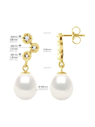 Boucles d'Oreilles Véritables Perles d'Eau Douce 9-10 mm Diamants 0.12 ct — Or Jaune 375 Millièmes 2