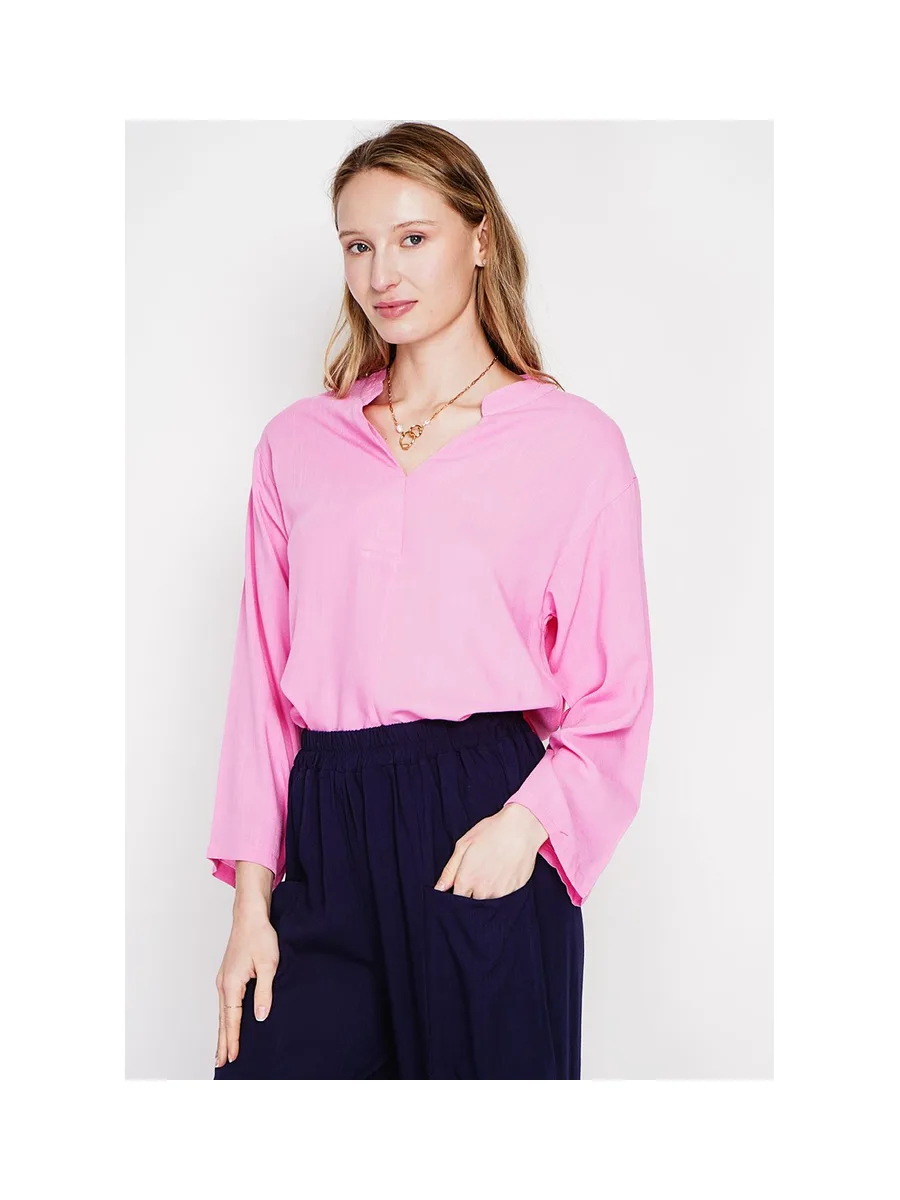 Blouse coupe ample col V en type polo à manches courtes 10