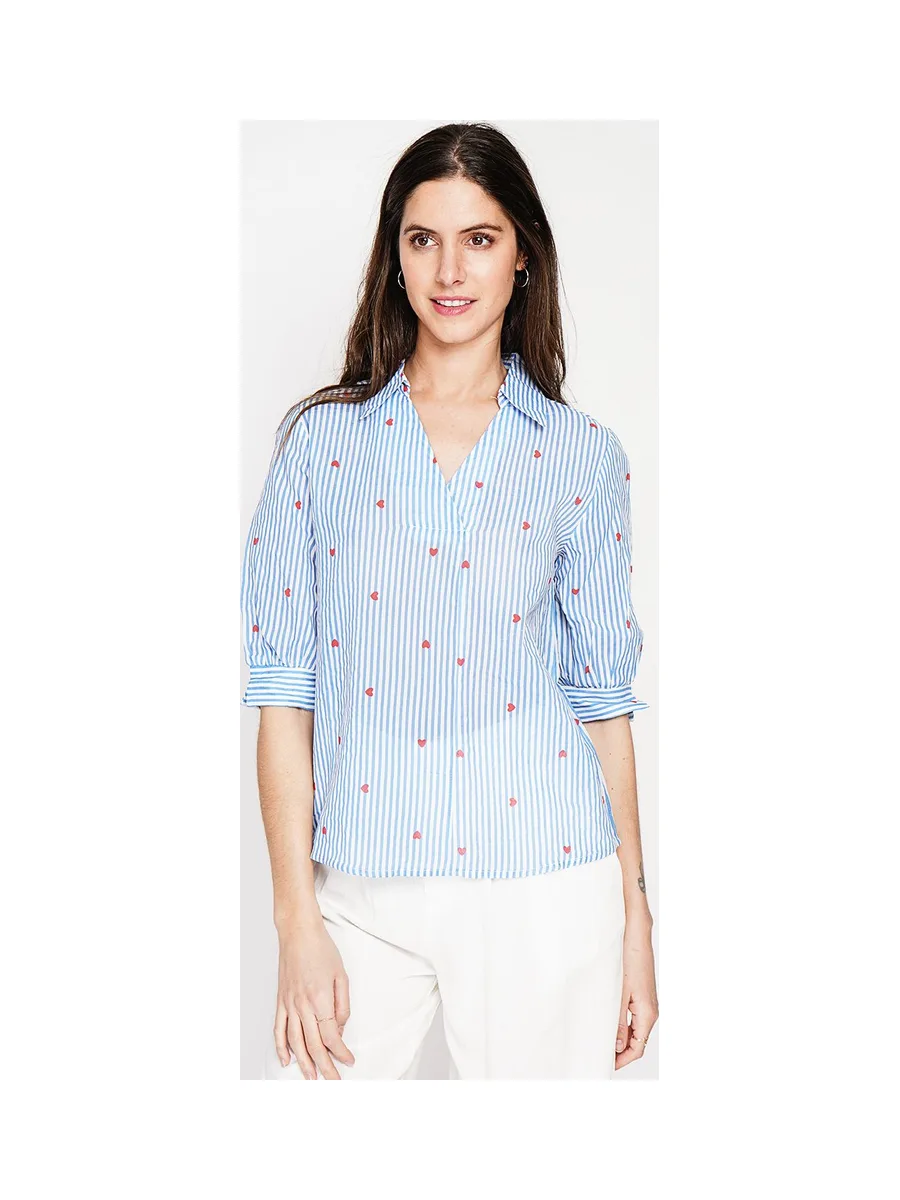 Blouse col chemise à rayure en coeur devant croisé en trapèze à manche 3/4 1