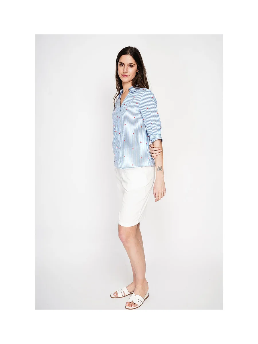 Blouse col chemise à rayure en coeur devant croisé en trapèze à manche 3/4 2