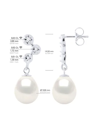 Boucles d'Oreilles Véritables Perles d'Eau Douce 9-10 mm Diamants 0.12 ct — Or Blanc 375 Millièmes 2