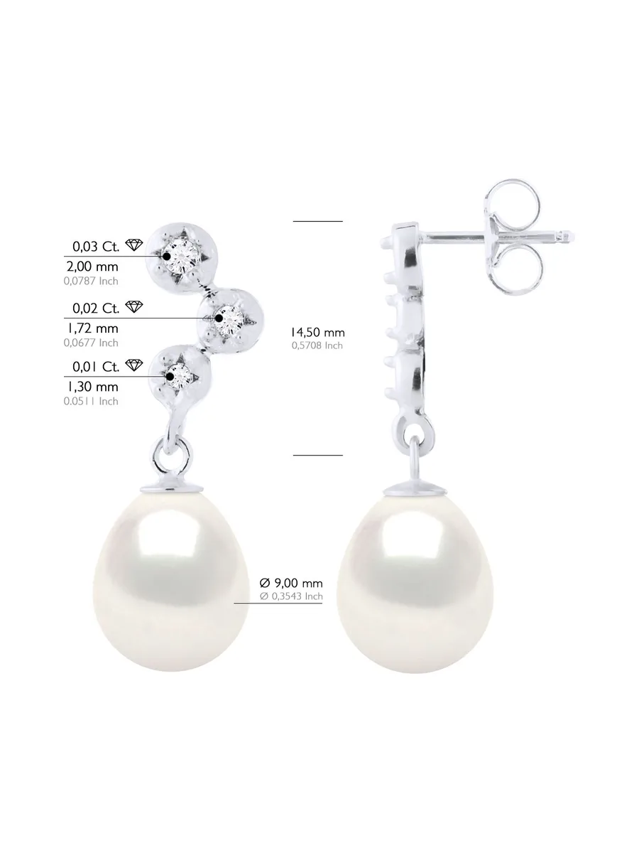 Boucles d'Oreilles Véritables Perles d'Eau Douce 9-10 mm Diamants 0.12 ct — Or Blanc 375 Millièmes 2