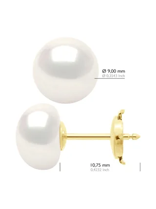 Boucles d'Oreilles Véritables Perles d'Eau Douce Bouton 9-10 mm — Or Jaune 375 Millièmes 3