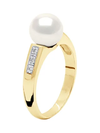 Bague Véritable Perle d'Eau Douce Ronde 8-9 mm Diamant 0.06 ct — Or Jaune 375 Millièmes 3