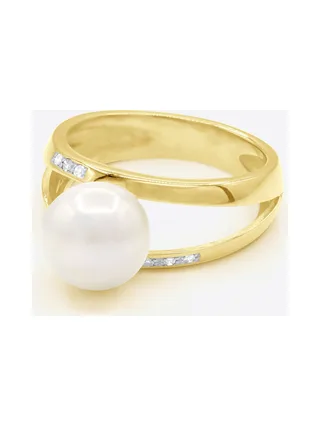 Bague Jonc Véritable Perle d'Eau Douce Ronde 8-9 mm Diamants 0.06 ct — Or Jaune 375 Millièmes 1