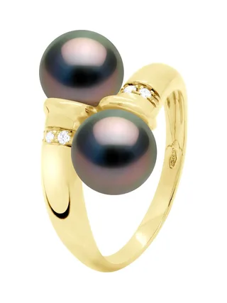 Bague Toi & Moi Véritables Perles de Tahiti Rondes 8-9 mm Diamants 0.06 ct — Or Jaune 375 Millièmes 2