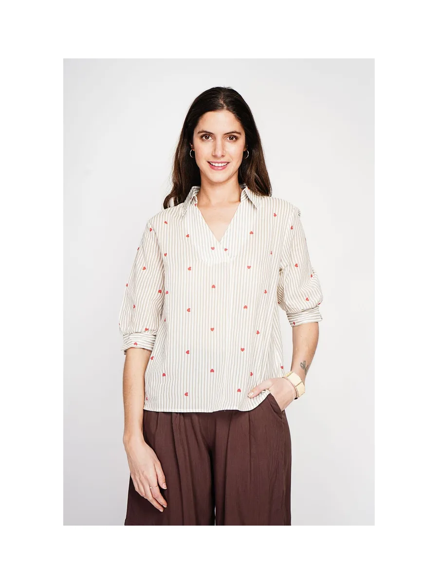 Blouse col chemise à rayure en coeur devant croisé en trapèze à manche 3/4 6
