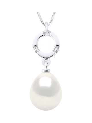 Collier Véritable Perle de Tahiti Poire 9-10 mm Diamant 0.01 ct — Or Blanc 375 Millièmes — 42 cm 1