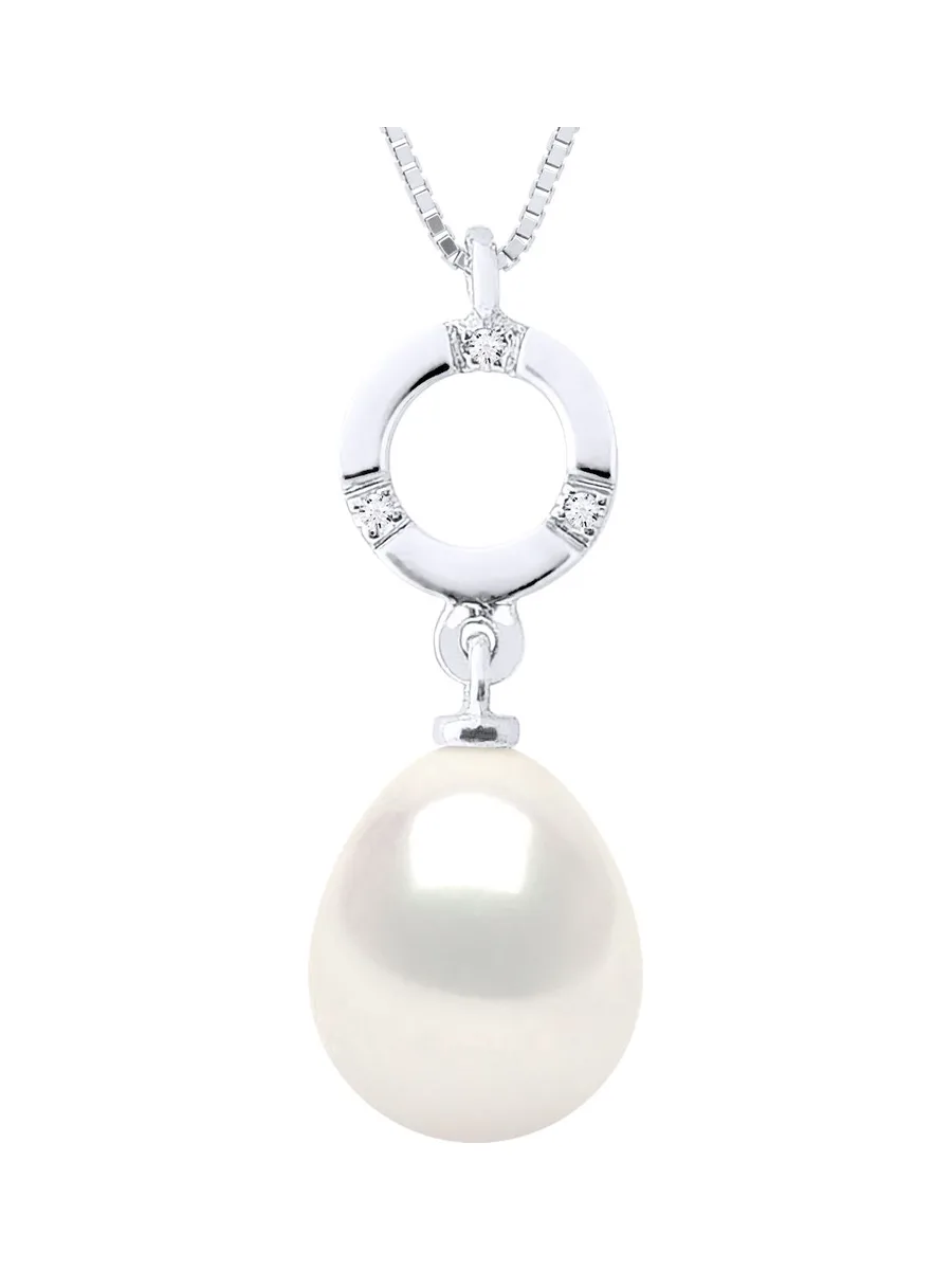 Collier Véritable Perle de Tahiti Poire 9-10 mm Diamant 0.01 ct — Or Blanc 375 Millièmes — 42 cm 1