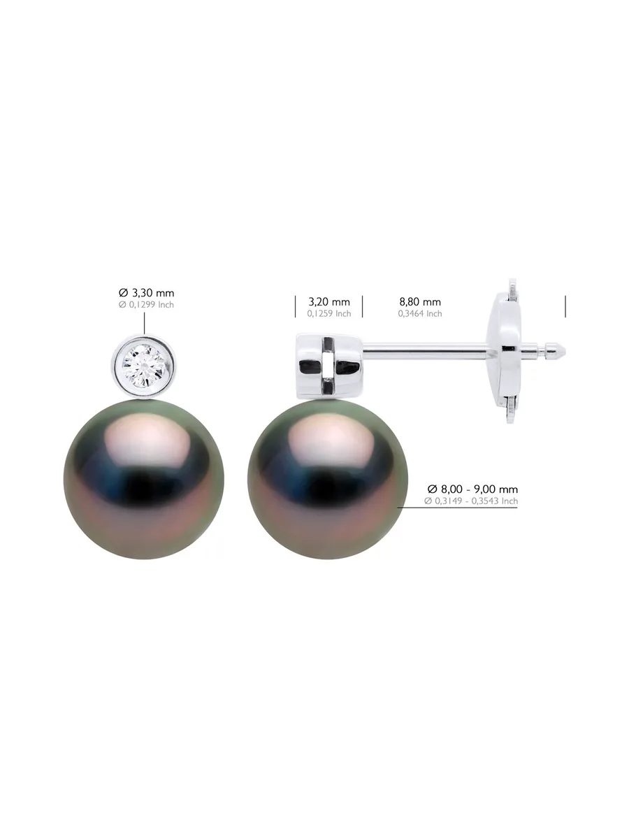 Boucles d'Oreilles Véritables Perles de Tahiti 8-9 mm Diamants 0.04 ct — Or Blanc 750 Millièmes 2