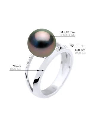 Bague Jonc Véritable Perle de Tahiti Ronde 9-10 mm Diamants 0.06 ct — Or Blanc 375 Millièmes 2