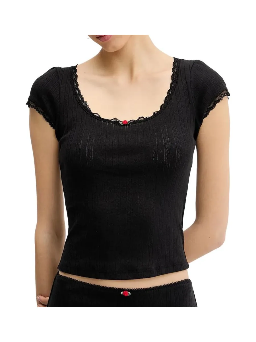 T-shirt Noir Femme Tommy Hilfiger Pointell 2
