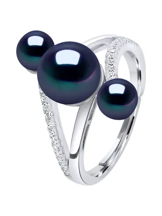 Bague Trilogie Véritables Perles de Culture d'Eau Douce Boutons 5-6 mm — Argent 925 Millièmes Rhodié 1