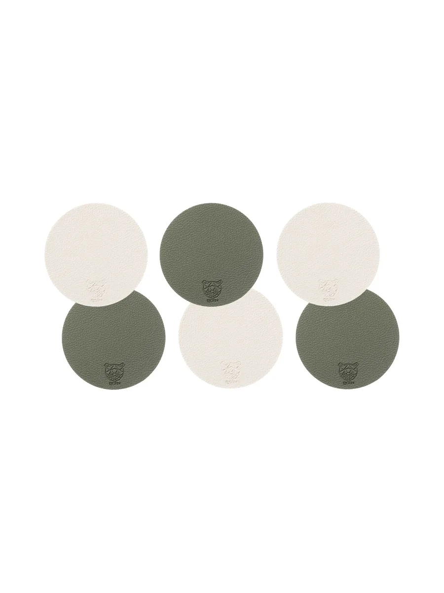 Sous-verre rond réversible - 6 pièces - Cuir recyclé blanc crème et vert de gris 1