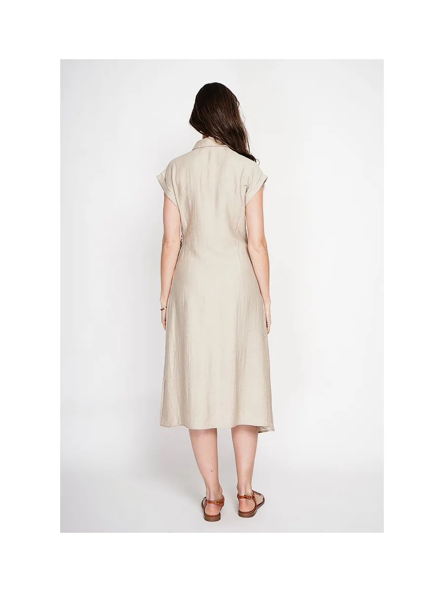 Robe longue col chemise boutonnée devant coupe évasée à manches courtes 8