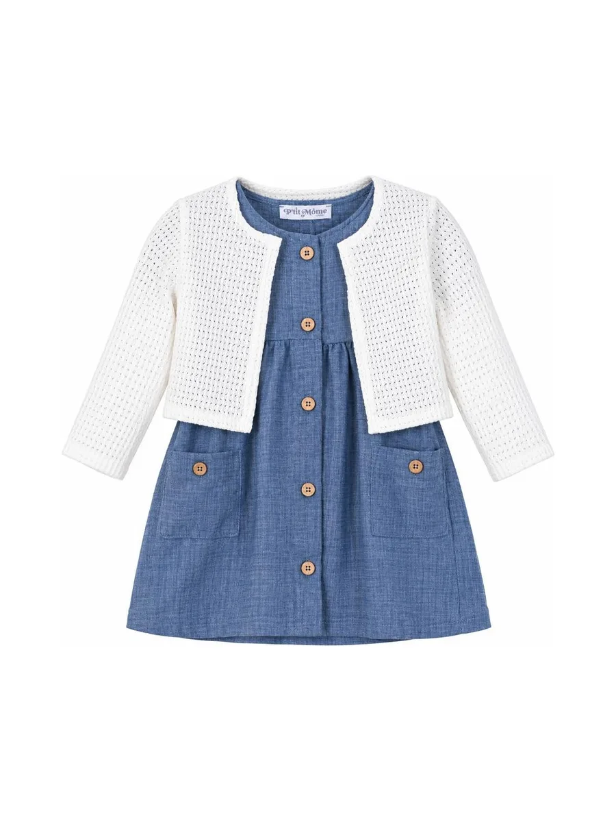 Ensemble Robe + Gilet Bleu/Blanc Bébé P'tit Mome Helena 2