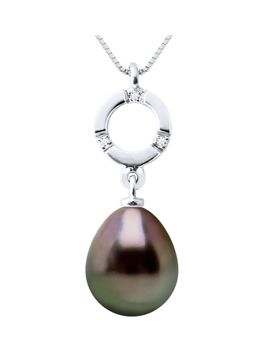 Collier Véritable Perle de Tahiti Poire 9-10 mm Diamants 0.01 ct — Or Blanc 375 Millièmes — 42 cm 1