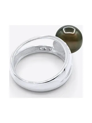 Bague Jonc Véritable Perle de Tahiti Ronde 9-10 mm Diamants 0.06 ct — Or Blanc 375 Millièmes 5