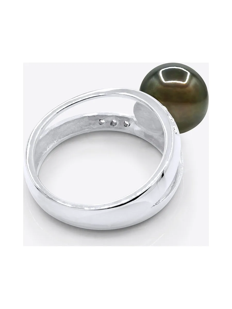 Bague Jonc Véritable Perle de Tahiti Ronde 9-10 mm Diamants 0.06 ct — Or Blanc 375 Millièmes 5