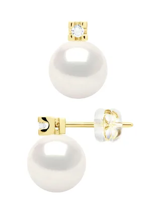 Boucles d'Oreilles Véritables Perles d'Eau Douce 8-9 mm Diamants 0.04 ct — Or Jaune 375 Millièmes 4