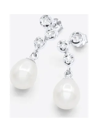 Boucles d'Oreilles Véritables Perles d'Eau Douce 9-10 mm Diamants 0.12 ct — Or Blanc 375 Millièmes 1