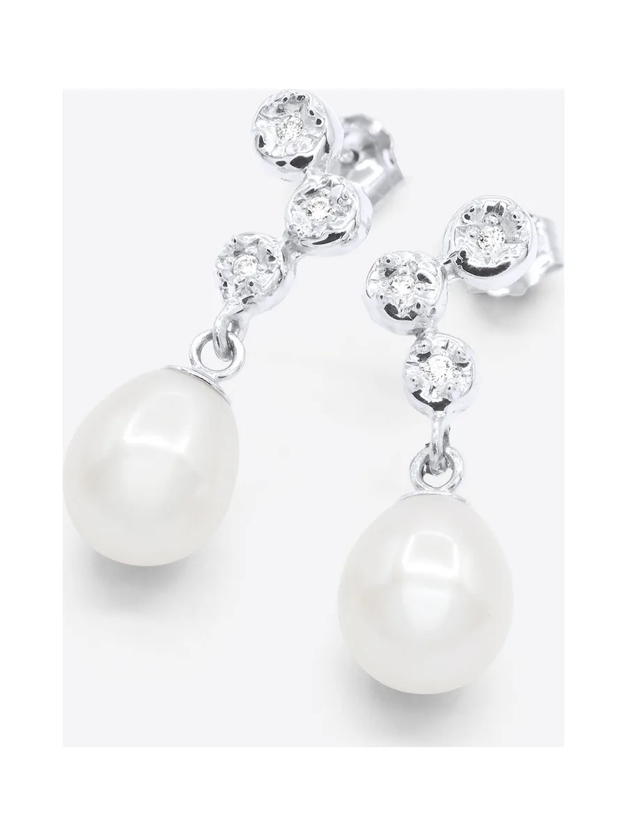 Boucles d'Oreilles Véritables Perles d'Eau Douce 9-10 mm Diamants 0.12 ct — Or Blanc 375 Millièmes 1
