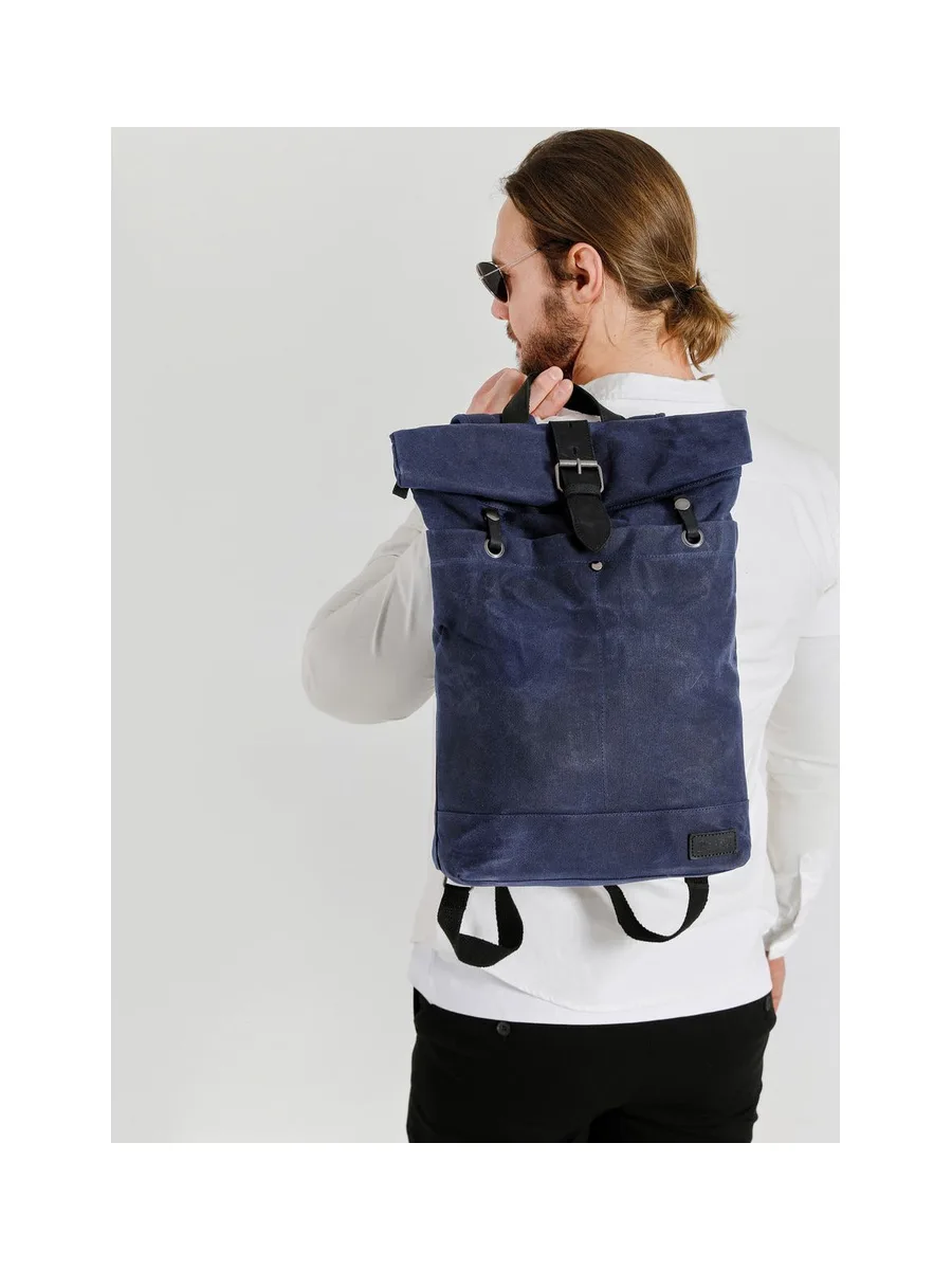 STAN - Sac à dos en cuir véritable et toile enduite - Bleu 40