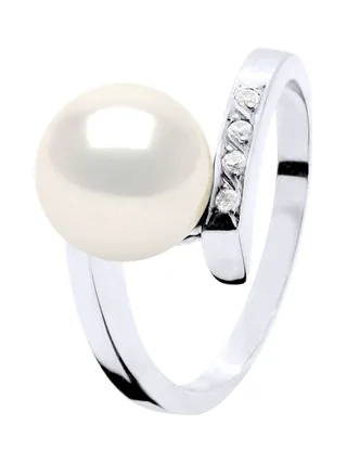 Bague Véritable Perle d'Eau Douce Ronde 8-9 mm Diamant 0.04 ct — Or Blanc 375 Millièmes 3