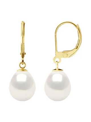 Boucles d'Oreilles Véritables Perles d'Eau Douce Poires 9-10 mm — Or Jaune 375 Millièmes 4