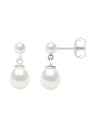Boucles d'Oreilles Véritables Perles d'Eau Douce Poires 7-8 mm — Or Blanc 375 Millièmes 4