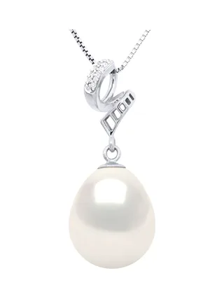 Collier Véritable Perle d'Eau Douce Poire 11-12 mm Diamants 0.03 ct — Or Blanc 375 Millièmes — 42 cm 1