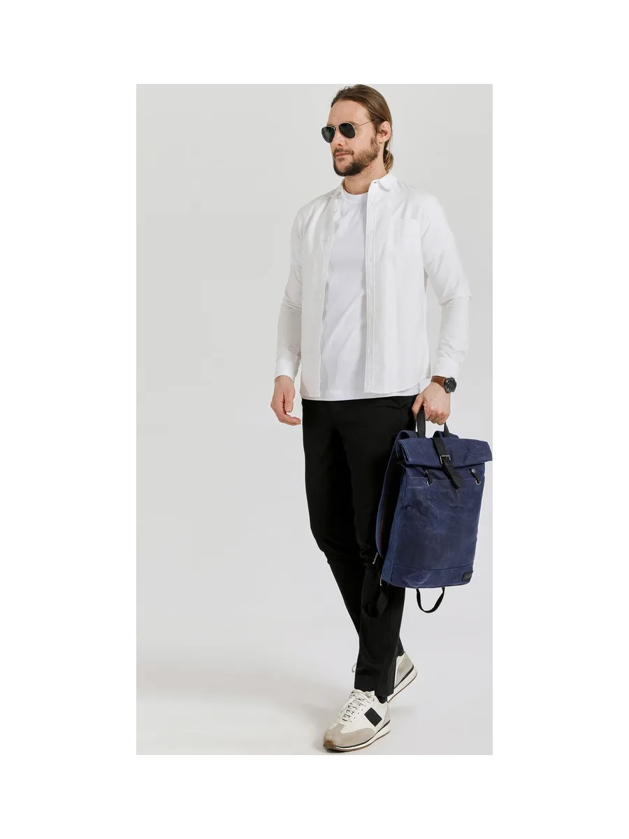 STAN - Sac à dos en cuir véritable et toile enduite - Bleu 37