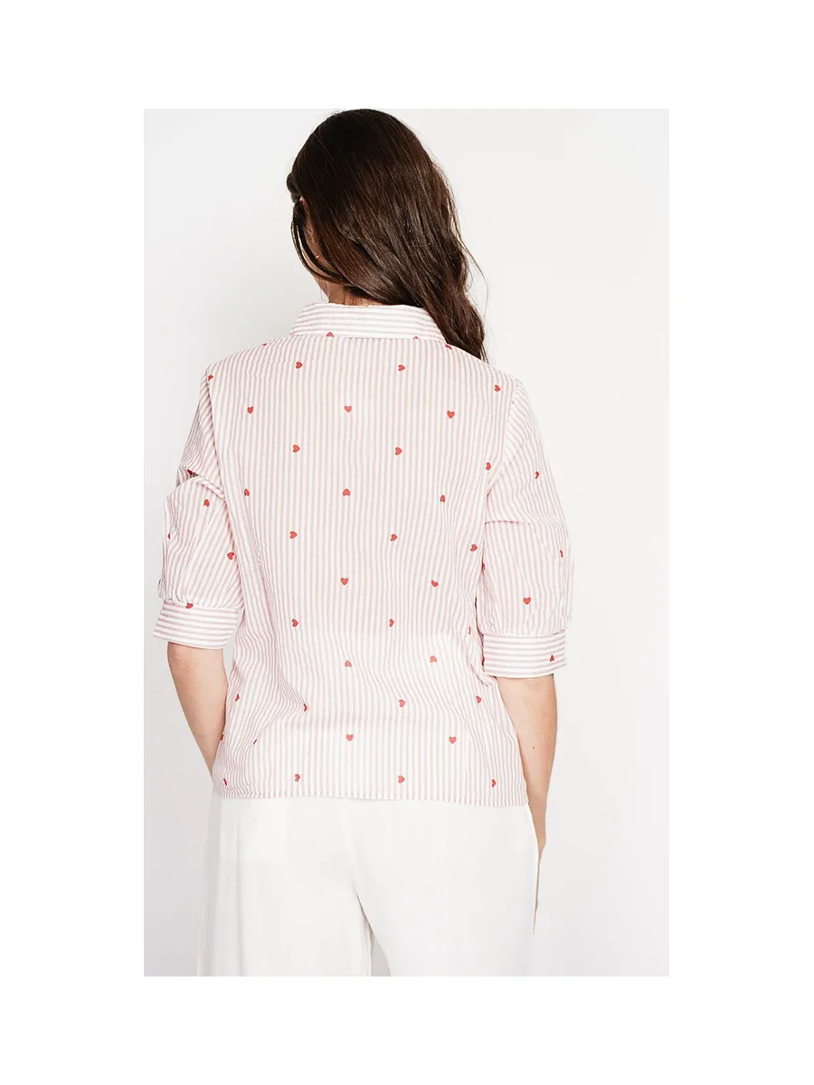 Blouse col chemise à rayure en coeur devant croisé en trapèze à manche 3/4 15