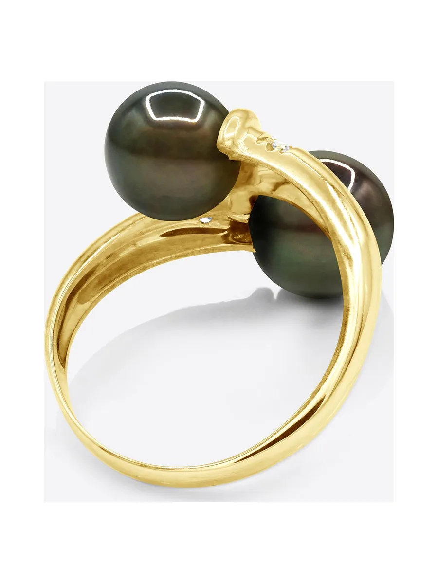 Bague Toi & Moi Véritables Perles de Tahiti Rondes 8-9 mm Diamants 0.06 ct — Or Jaune 375 Millièmes 5