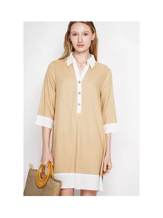 Robe chemise bi-couleur designer boutonnée devant à manche 3/4 2
