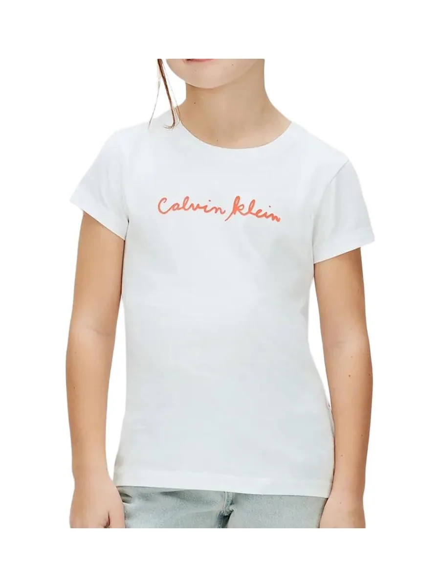 T-Shirt Blanc/Orange Fille Calvin Klein Jeans Script Logo 2