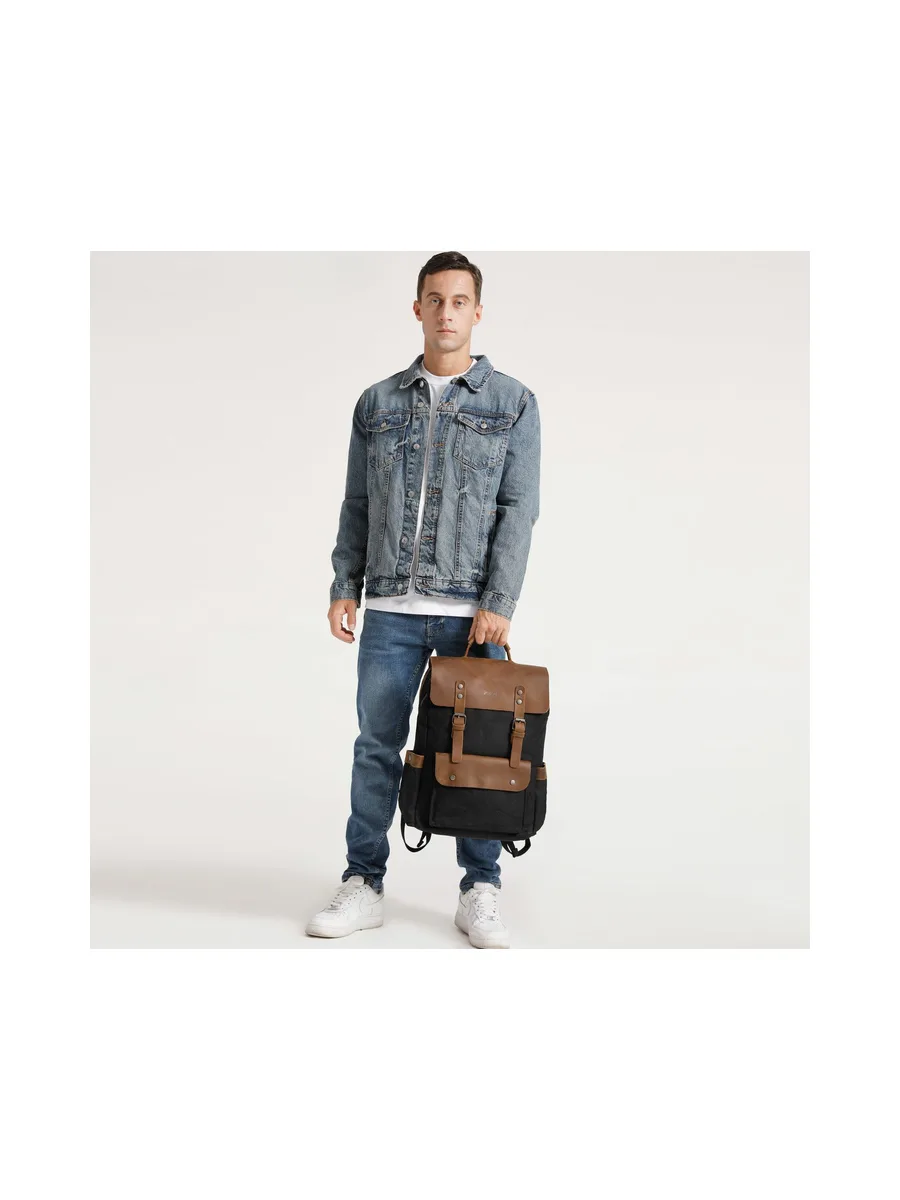 ED - Sac à dos en cuir véritable et toile enduite - Bleu 61