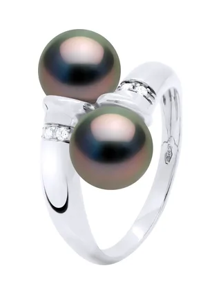 Bague Toi & Moi Véritables Perles de Tahiti Rondes 8-9 mm Diamants 0.06 ct — Or Blanc 375 Millièmes 3