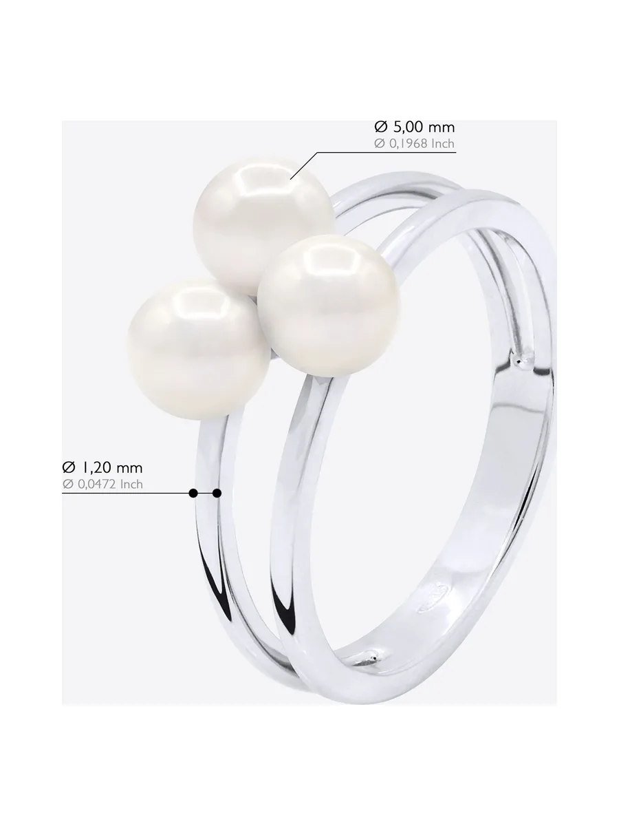 Bague Trilogie Véritables Perles d'Eau Douce Rondes 5-6 mm — Argent 925 Millièmes Rhodié 6