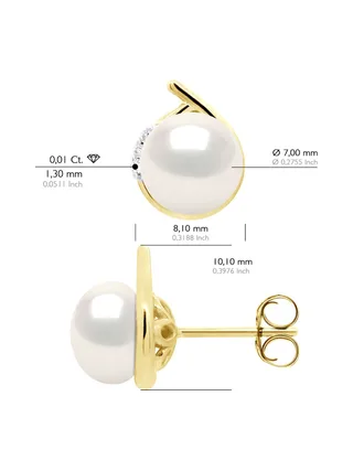 Boucles d'Oreilles Véritables Perles d'Eau Douce 7-8 mm Diamants 0.06 ct — Or Jaune 375 Millièmes 2