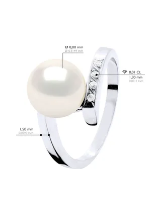 Bague Véritable Perle d'Eau Douce Ronde 8-9 mm Diamant 0.04 ct — Or Blanc 375 Millièmes 2
