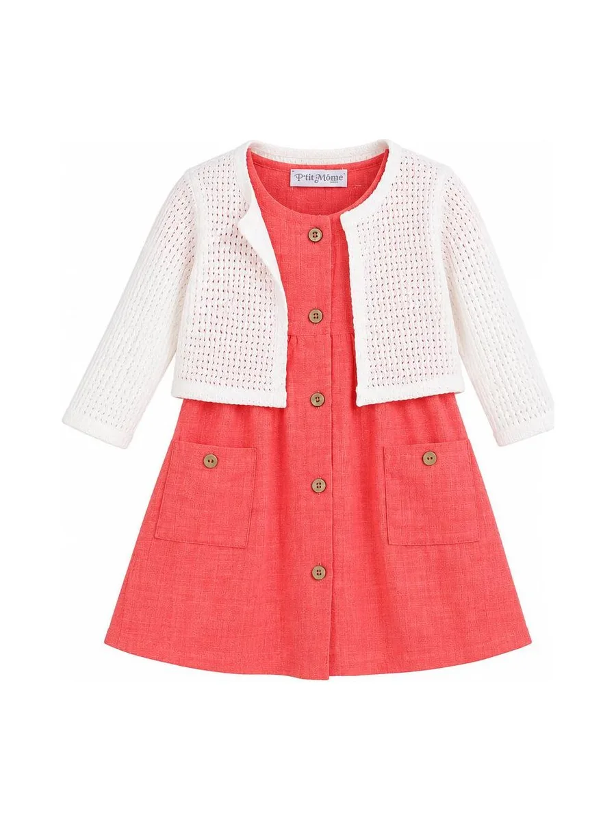 Ensemble Robe + Gilet Rose/Blanc Bébé P'tit Mome Helena 2