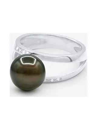 Bague Jonc Véritable Perle de Tahiti Ronde 9-10 mm Diamants 0.06 ct — Or Blanc 375 Millièmes 1