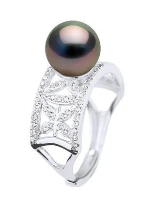 Bague Jonc Véritable Perle de Tahiti Ronde 9-10 mm — Argent 925 Millièmes Rhodié 1